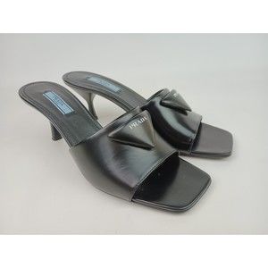 PRADA Women's Black Brushed Leather Logo Heeled Slides Sandals Size 38.5